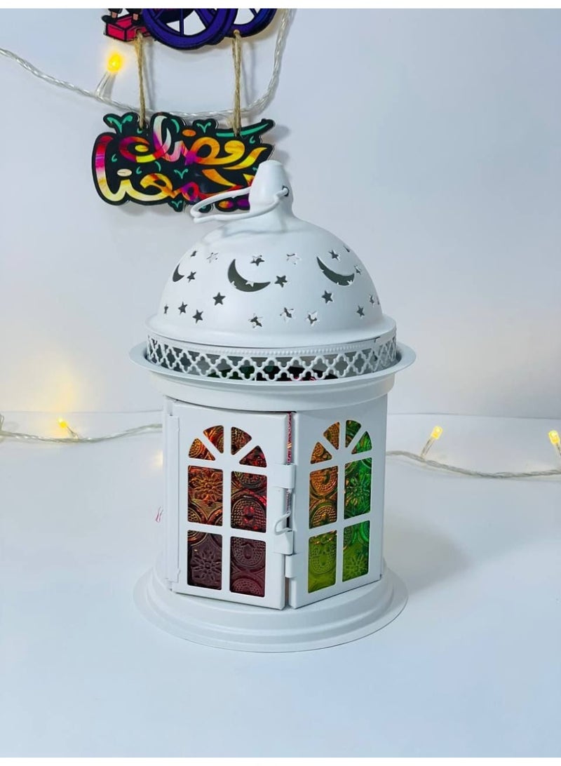 Metal Ramadan Lantern  Round white color, candle holder, lantern with colored glass. Size: 20 cm - Image 4